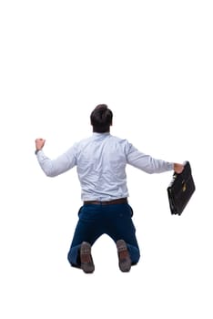 Excited businessman siiting on the knees isolated on white background 