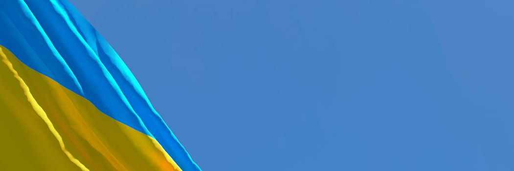 3D rendering of the national flag of Ukraine waving in the wind against a blue sky