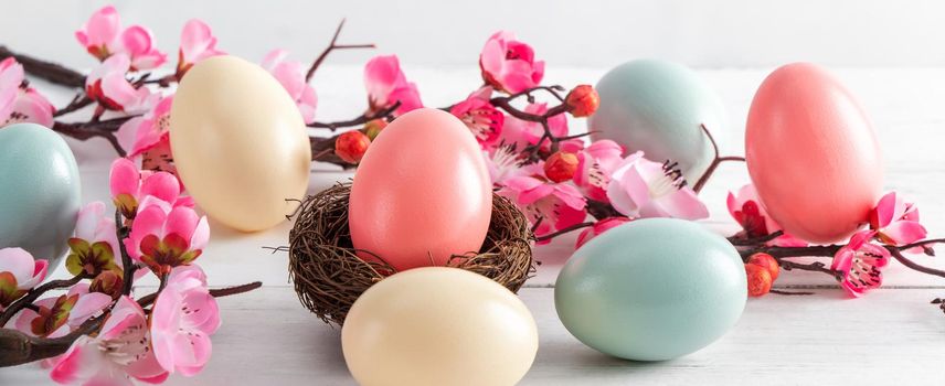 Close up of colorful Easter eggs in the nest with pink plum flower on bright white wooden table background.