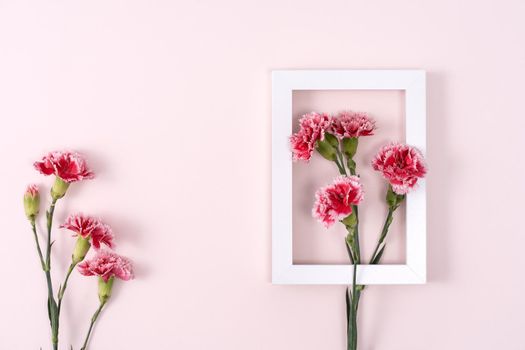Concept of Mother's day holiday greeting background design  with carnations bouquet on pink background