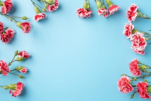 Concept of Mother's day holiday greeting gift design with carnation bouquet on bright blue table background