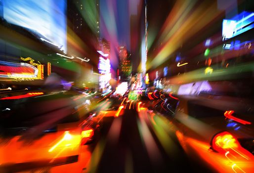 Illumination and night lights of New York City. Intentional motion blur