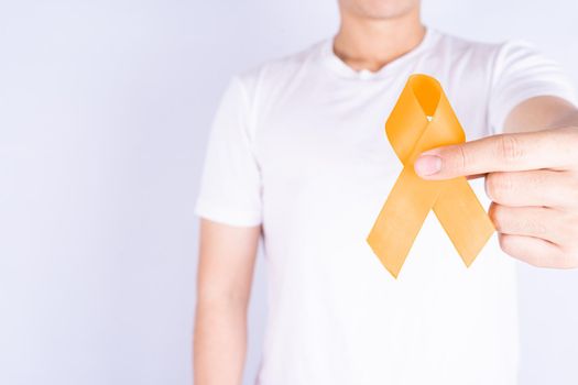 World kidney day, hands holding orange ribbon awareness of kidney disease on chest isolated white background.