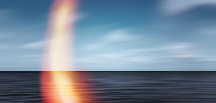 Abstract blurred sea landscape and cloudy sky background and red flare simulating film defect