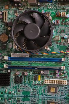 Macro image of electronic components on a computer motherboard