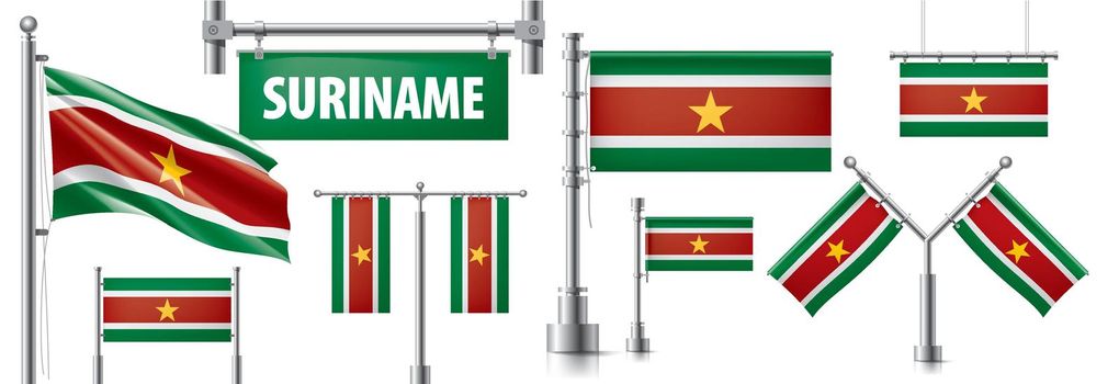 Vector set of the national flag of Suriname in various creative designs.