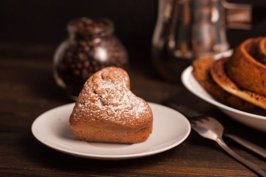 heart-shaped cookies dessert sweets coffee meal breakfast. High quality photo