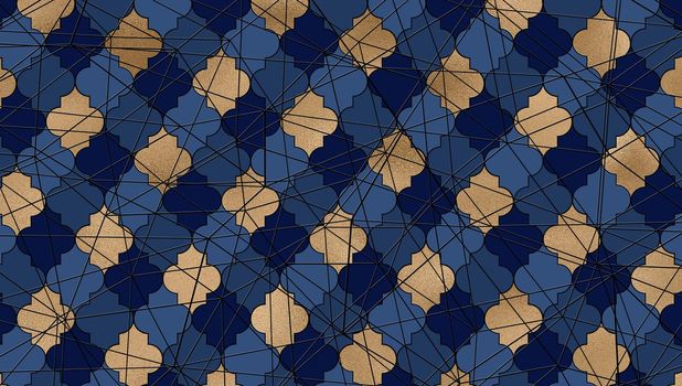Abstract background. Blue gold pattern with Lines, Moroccan Arabic design geometric texture . Modern, contemporary lines with Moroccan design in gold and blue. 3D illustration