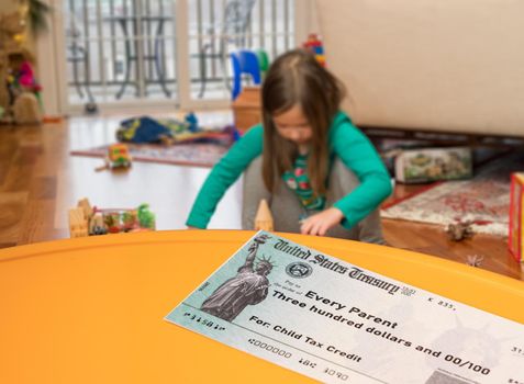US Treasury illustrative check for child tax credit for a small girl to illustrate American Rescue Plan Act of 2021 payments