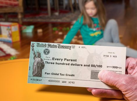 US Treasury illustrative check for child tax credit for a small girl to illustrate American Rescue Plan Act of 2021 payments