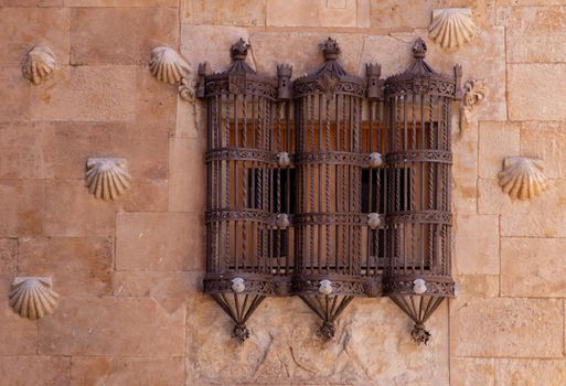 Detail of old metal railing at the windows of Casa de las Conchas at Salamanca, Spain