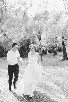 Bride and groom running through the olive grove holding hands and laughing, black and white photo . High quality photo