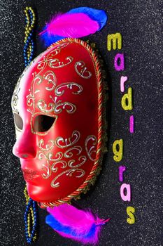 Mardi Gras full carnival face mask with feathers and bead strings on textured black