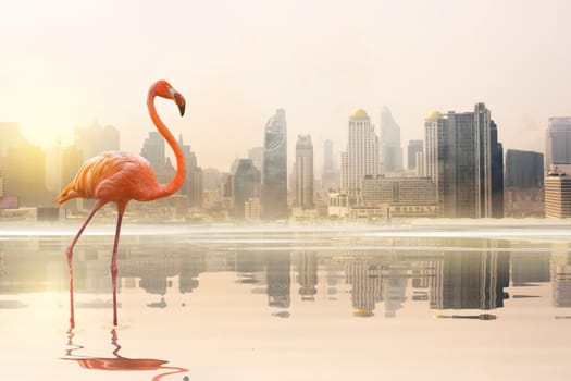 A flamingo walking on the lake in the city background and The light of sun reflection on lake.