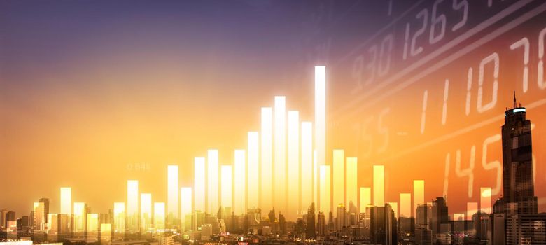 Finance investment concept. up trend bar graph and bar chart volume trading on the cityscape background.