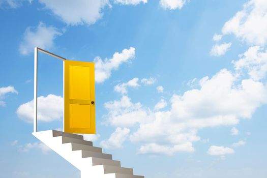 White stair with yellow door in the blue sky.3D illustration.