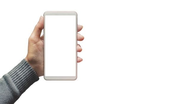 Female hand holding phone isolate white background.