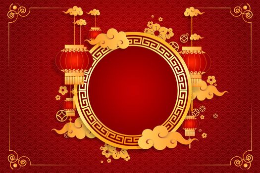 Happy Chinese new year card. Red background with traditional asian lanterns. Chinese mean Happy New Year, wealthy, Zodiac sign for greetings card, posters, brochure, banners, calendar