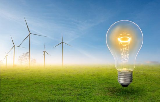 Light bulb with backlight on the background of blue sky and green field with turbines.Green energy and nature concept.