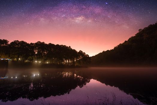 Stars night sky at Pang Ung lake, Pang Ung Mae Hong Son province, North of Thailand