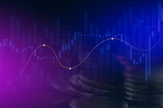 Double exposure of graph and rows of coins for finance and business concept.