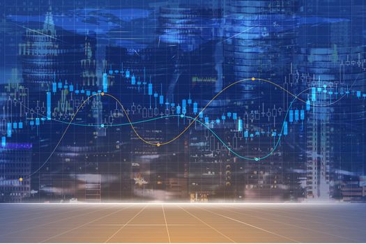 Financial investment concept, Double exposure of city night and stack of coins for finance investor, economic , business background.