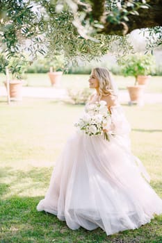 Wedding in Florence, Italy, in an old villa-winery. Bride in a white lush dress walks in the shade of olive trees an olive grove.