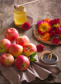 Apple and honey, traditional food. Selective focus. Copyspace background