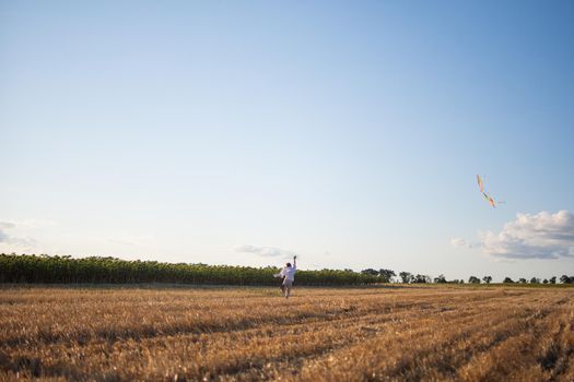 A mown field of wheat. A boy runs in the distance with a kite. Summer holidays in the village.