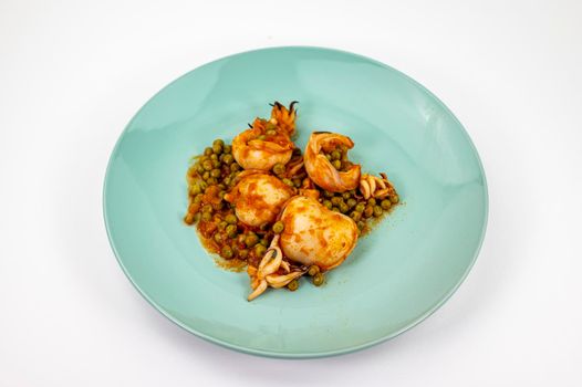 second course with cuttlefish and tomato peas on a white background