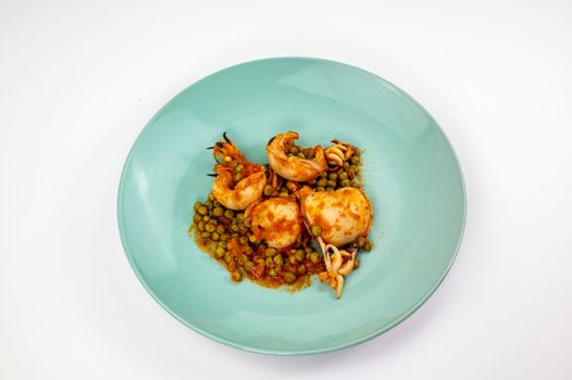 second course with cuttlefish and tomato peas on a white background