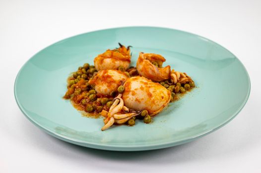 second course with cuttlefish and tomato peas on a white background