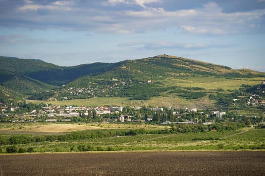 Landscape with view of fields and mountains near Sevastopol, Crimea.