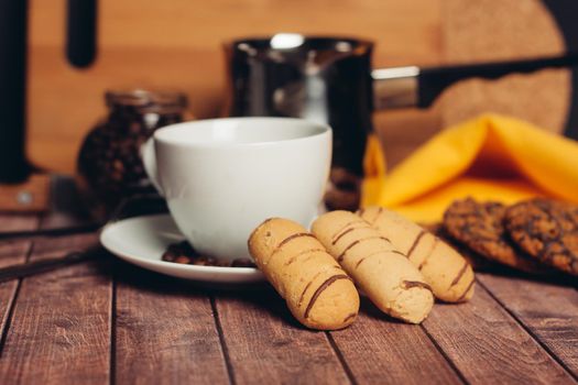 sweet gingerbread cookies a cup of drink snack. High quality photo