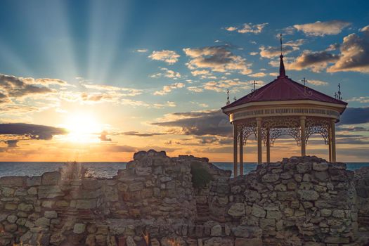 Sevastopol, Crimea. Beautiful landscape with sunset and Royal gazebo on the background of the sea landscape.