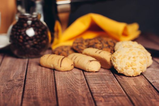 crispy biscuits a cup of coffee breakfast eating sweets. High quality photo
