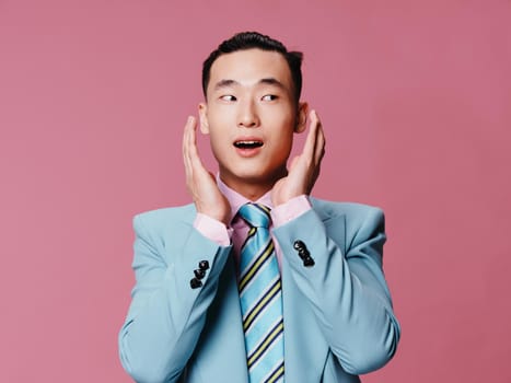 Business man in suit blue jacket emotions cropped view isolated background. High quality photo