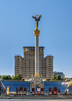 Kyiv, Ukraine 07.11.2020. Independence Monument on the  Maidan Nazalezhnosti in Kyiv, Ukraine, on a sunny summer morning