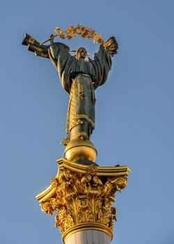 Kyiv, Ukraine 07.11.2020. Independence Monument on the  Maidan Nazalezhnosti in Kyiv, Ukraine, on a sunny summer morning