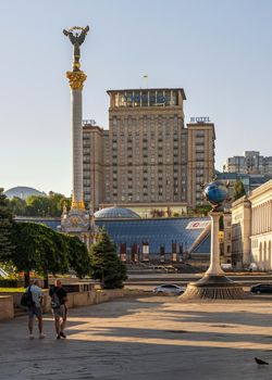 Kyiv, Ukraine 07.11.2020. Independence Monument on the the Maidan Nazalezhnosti in Kyiv, Ukraine, on a sunny summer morning