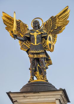 Kyiv, Ukraine 07.11.2020. Sculpture of the Archangel Michael on the Maidan Nazalezhnosti in Kyiv, Ukraine, on a sunny summer morning