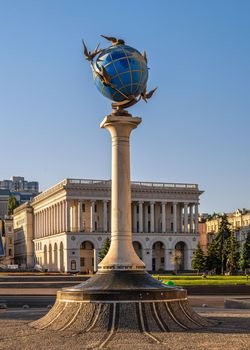 Kyiv, Ukraine 07.11.2020. Zero kilometer sign in the form of a globe on the Maidan Nazalezhnosti in Kyiv, Ukraine, on a sunny summer morning