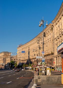 Kyiv, Ukraine 07.11.2020. Historical building on Khreshchatyk street near the Maidan Nazalezhnosti in Kyiv, Ukraine, on a sunny summer morning