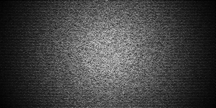 Halftone gradient made of white letters and digits evenly distributed on black background, abstract illustration