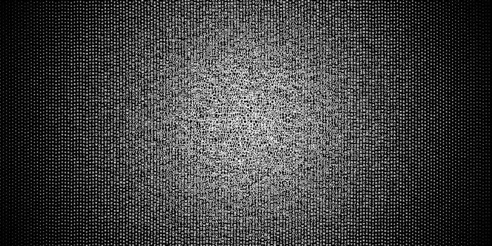 Halftone gradient made of white letters and digits evenly distributed on black background, abstract illustration