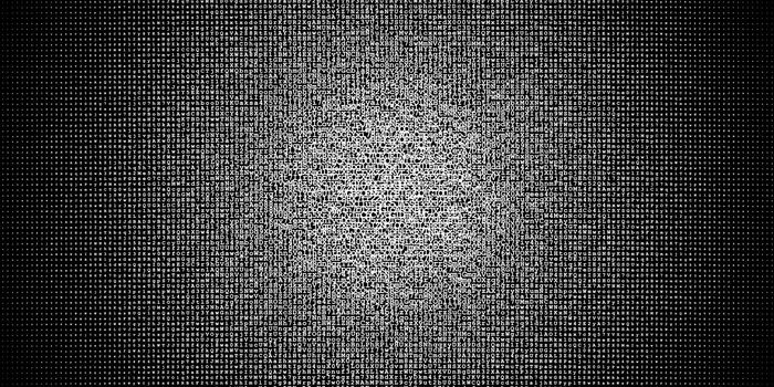 Halftone gradient made of white letters and digits evenly distributed on black background, abstract illustration