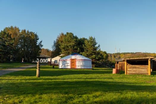 Buryat yurts on the background of a natural landscape. Irkutsk region, Taltsy