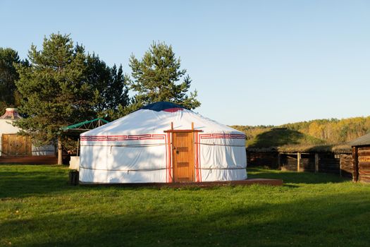 Buryat yurts on the background of a natural landscape. Irkutsk region, Taltsy