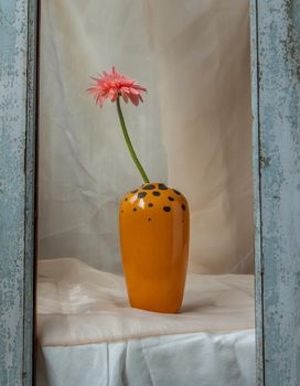 Pink flower in Orange handmade ceramic vase on Blush textured table cloth. Home decor, Copy space, Selective focus.