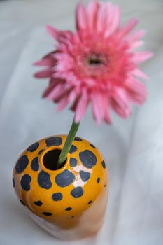 Pink flower in Orange handmade ceramic vase on Blush textured table cloth. Home decor, Copy space, Selective focus.